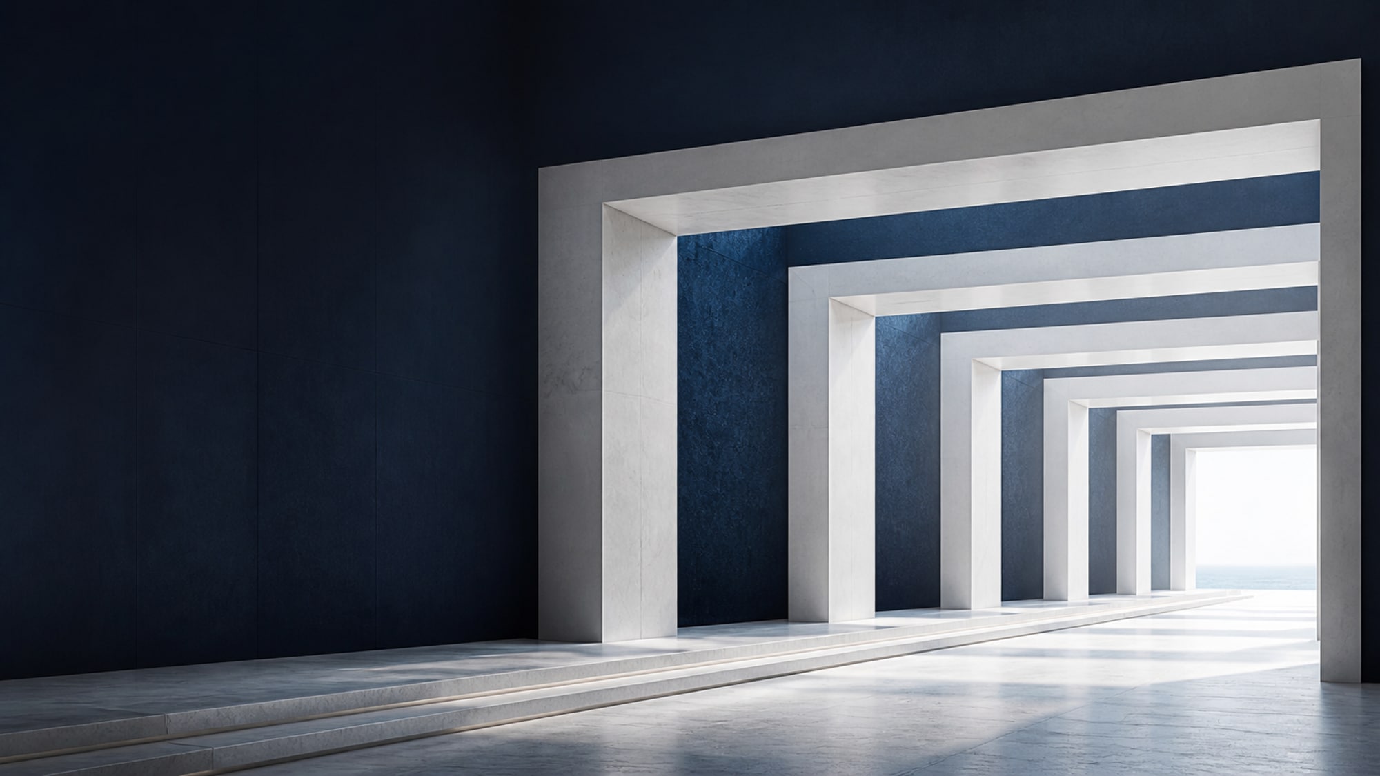 A sequence of architectural frames leading from a dark interior towards open light.