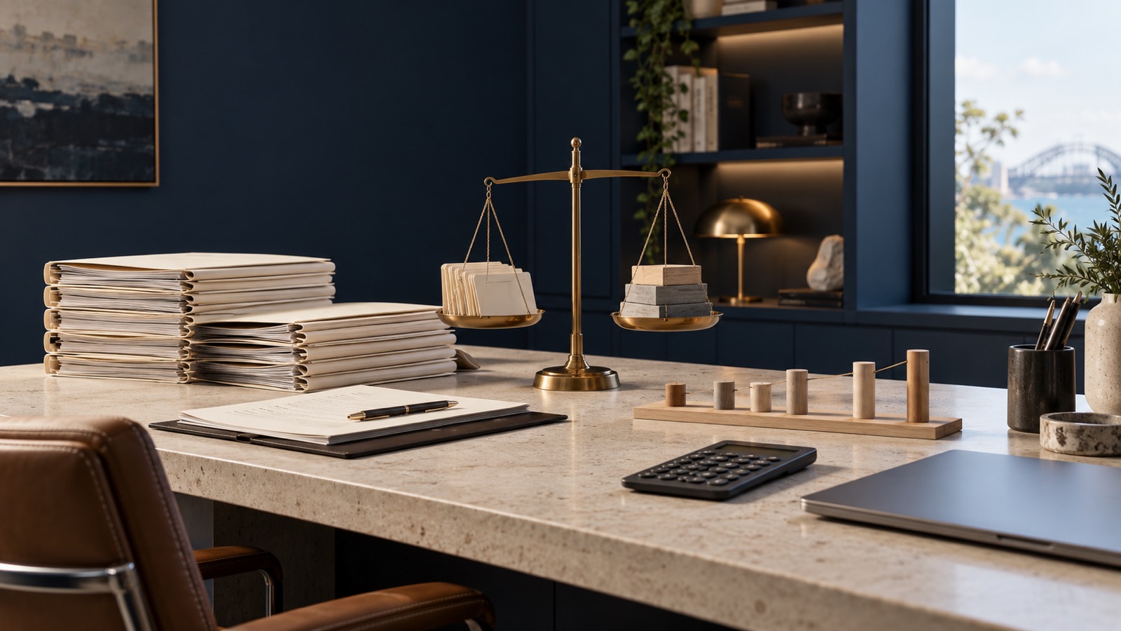 An unbranded brass balance, client-file cards, financial folders and cash-flow markers on an accounting office desk.