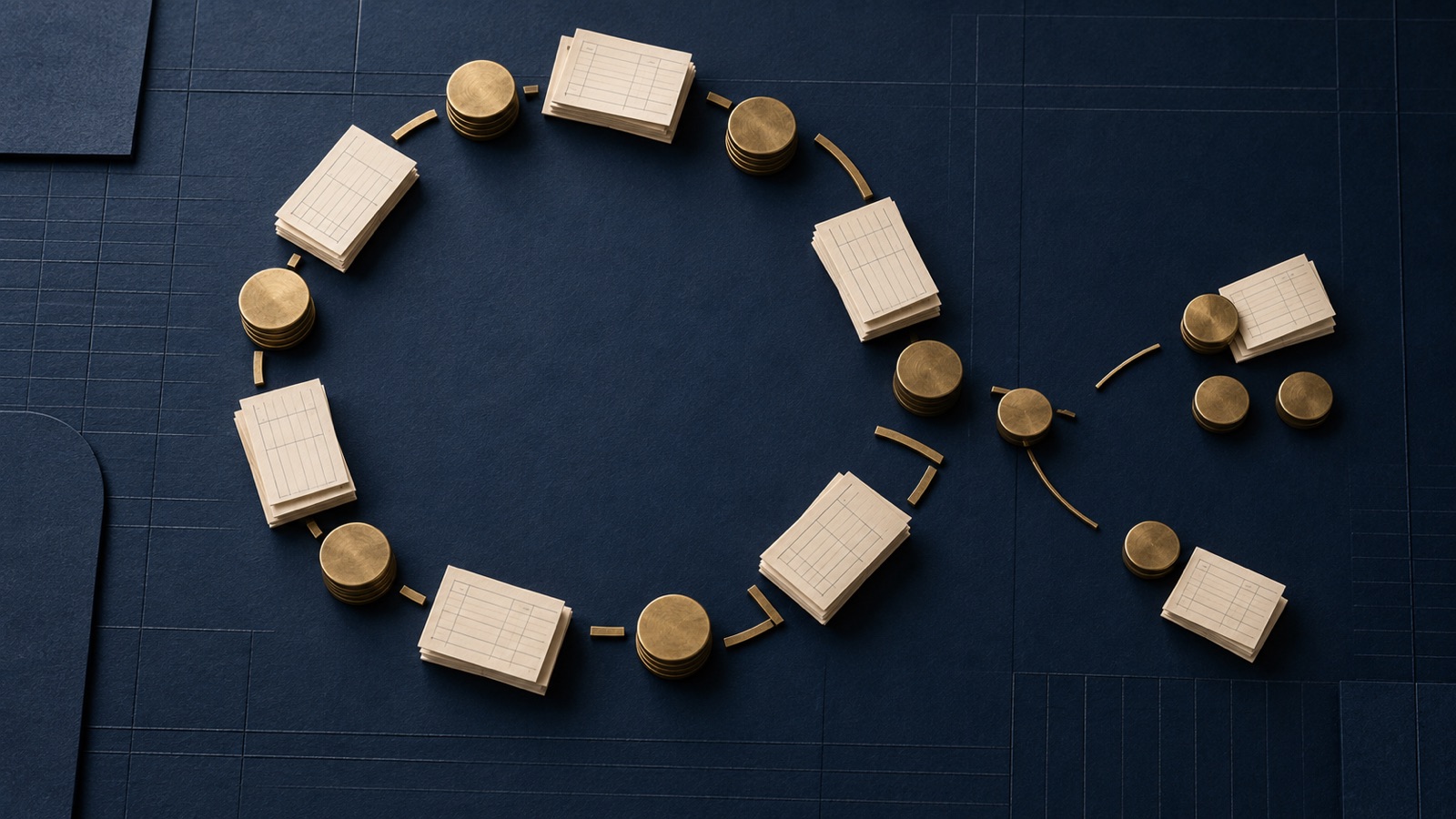A circular sequence of cream ledger cards and brass tokens with deliberate gaps and separate one-off items on a navy surface.