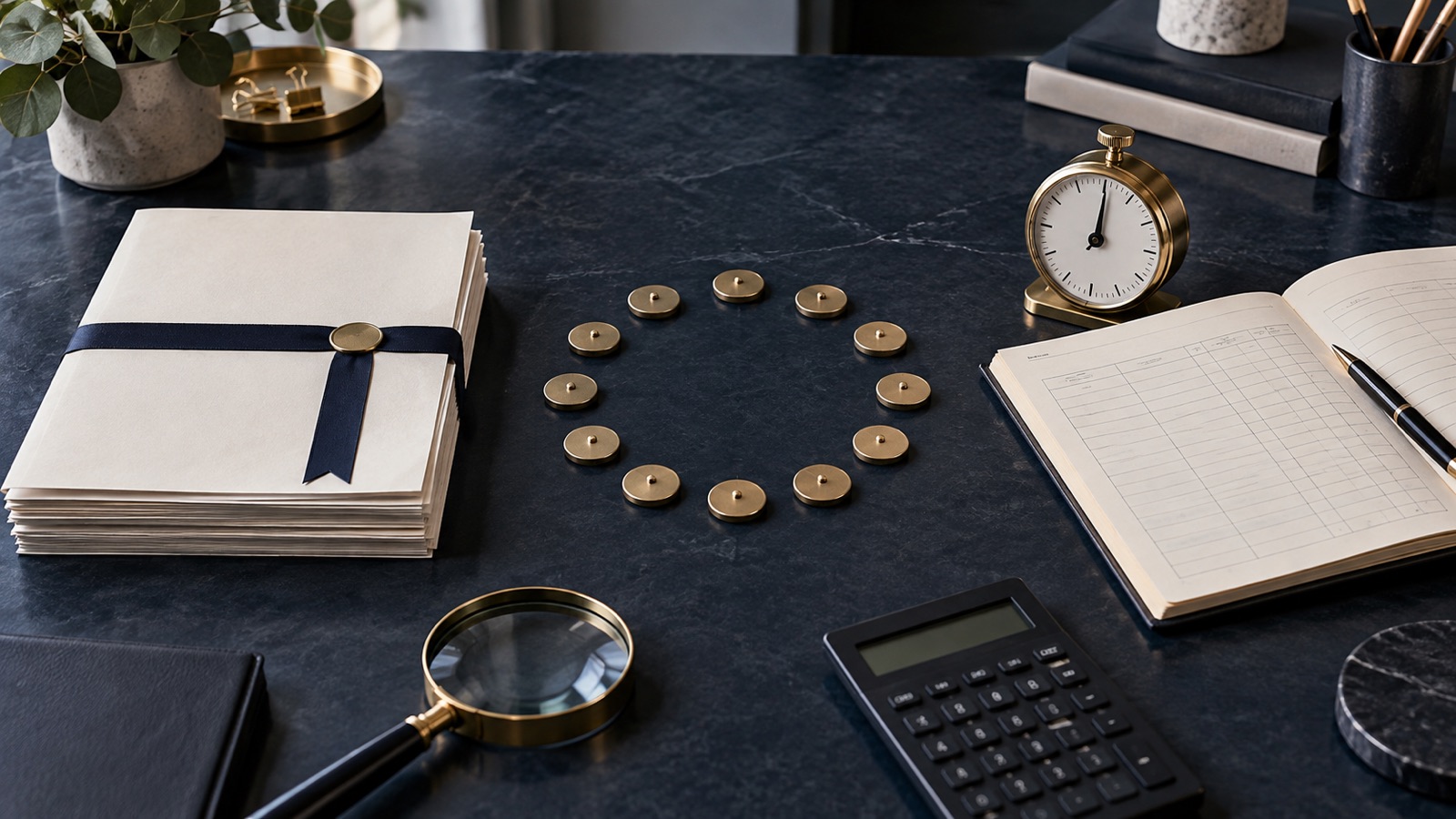 Three accounting billing models represented by a bundled file, twelve circular payment markers and a timer beside a ledger.
