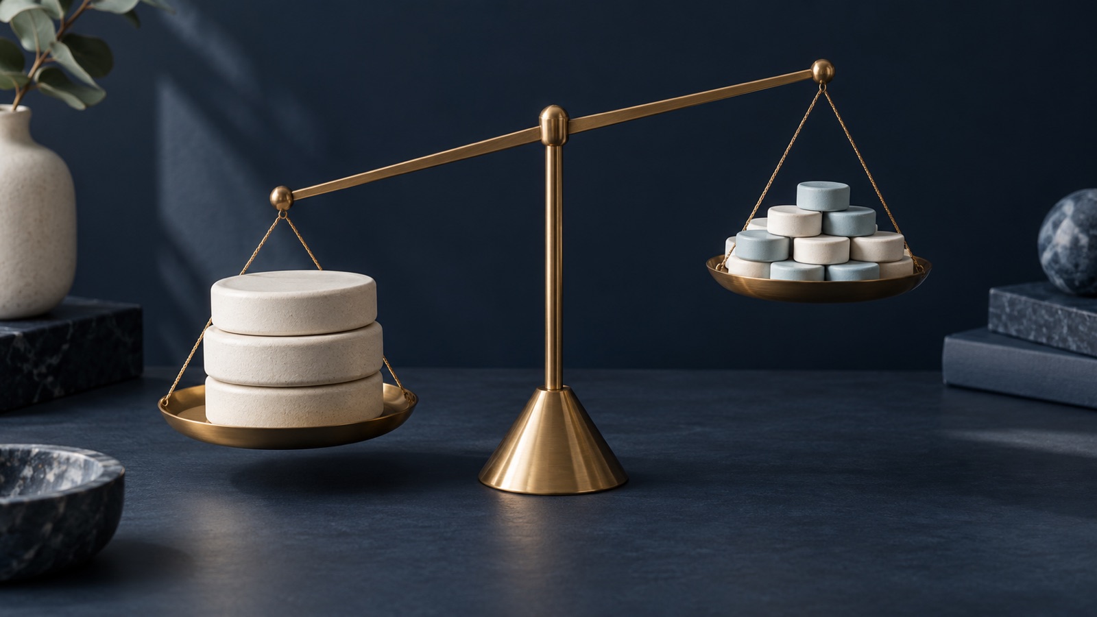 A brass balance with three large cream discs outweighing a larger group of smaller cream and blue discs on a navy surface.