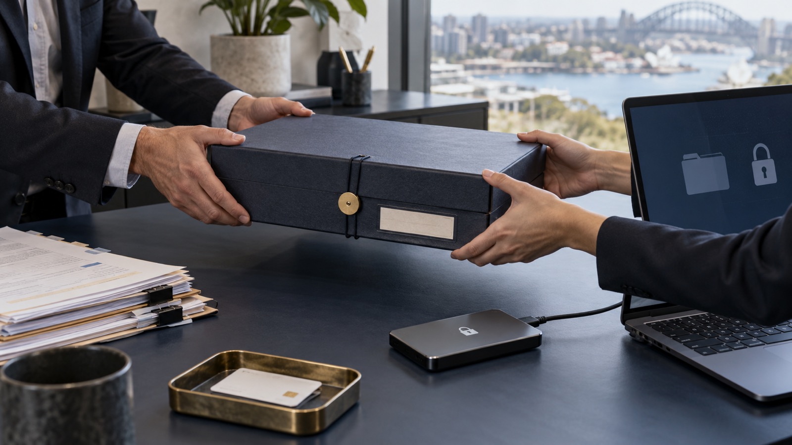 Two advisers transfer a secured records case beside an encrypted drive and protected laptop in a professional office.