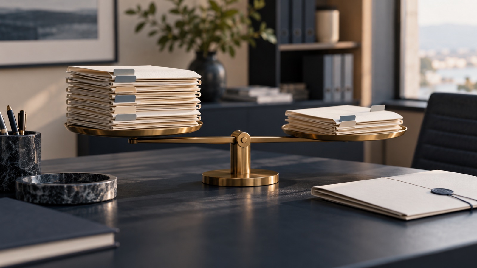 Cream client folders arranged on a brass balance in a restrained accounting office.