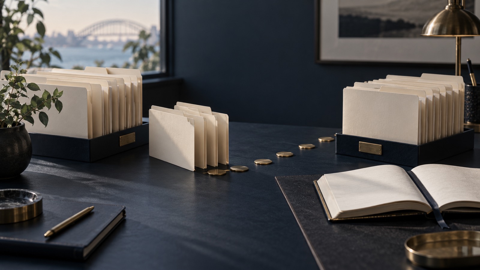 An editorial still life of cream client folders crossing between two navy file trays along a path of brass markers.