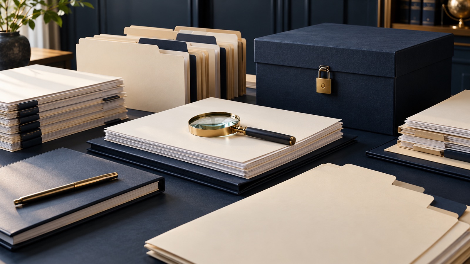 Orderly anonymous document folders, a magnifying glass and a locked navy archival box arranged for acquisition due diligence.