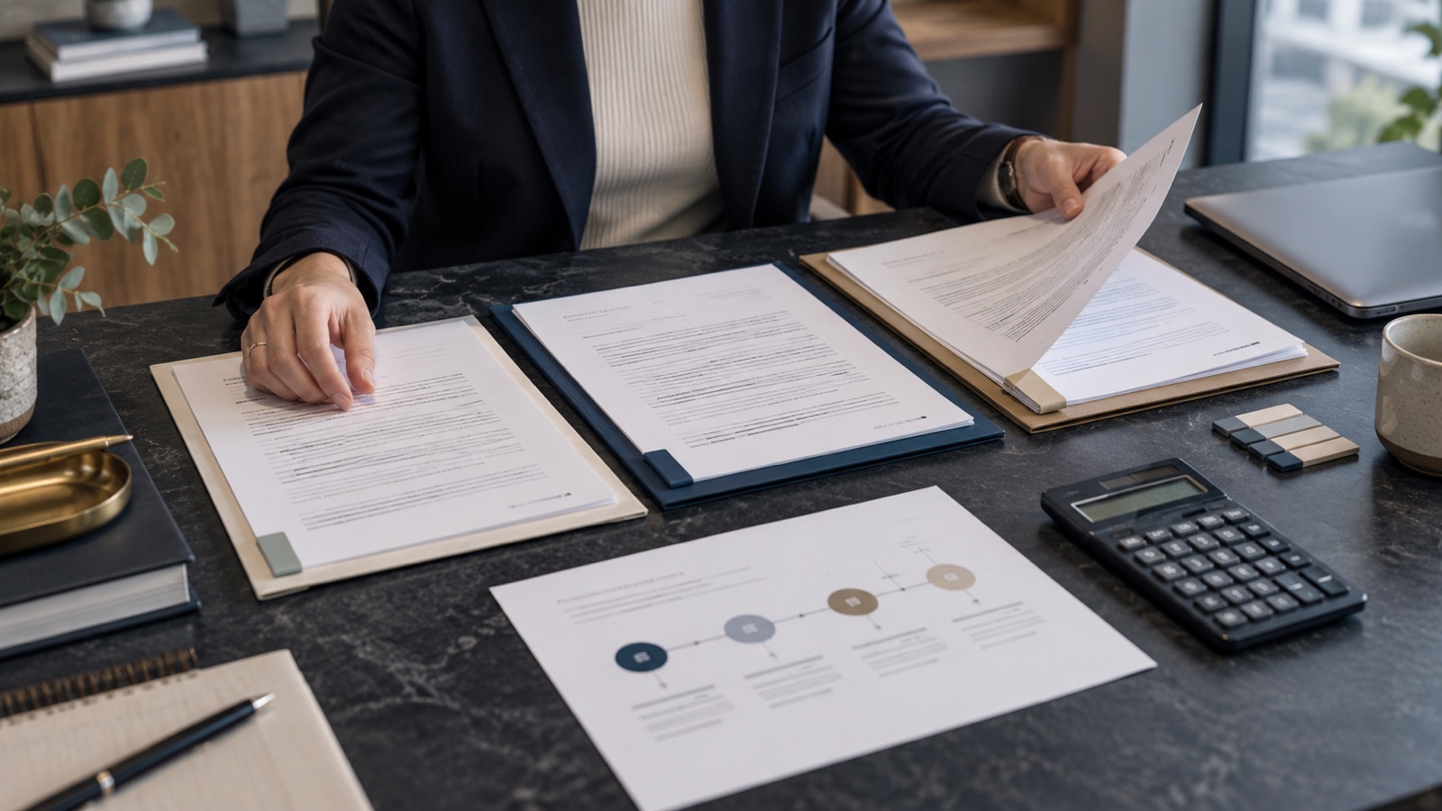An adviser comparing engagement folders with a service workflow and calculator on a dark office desk.