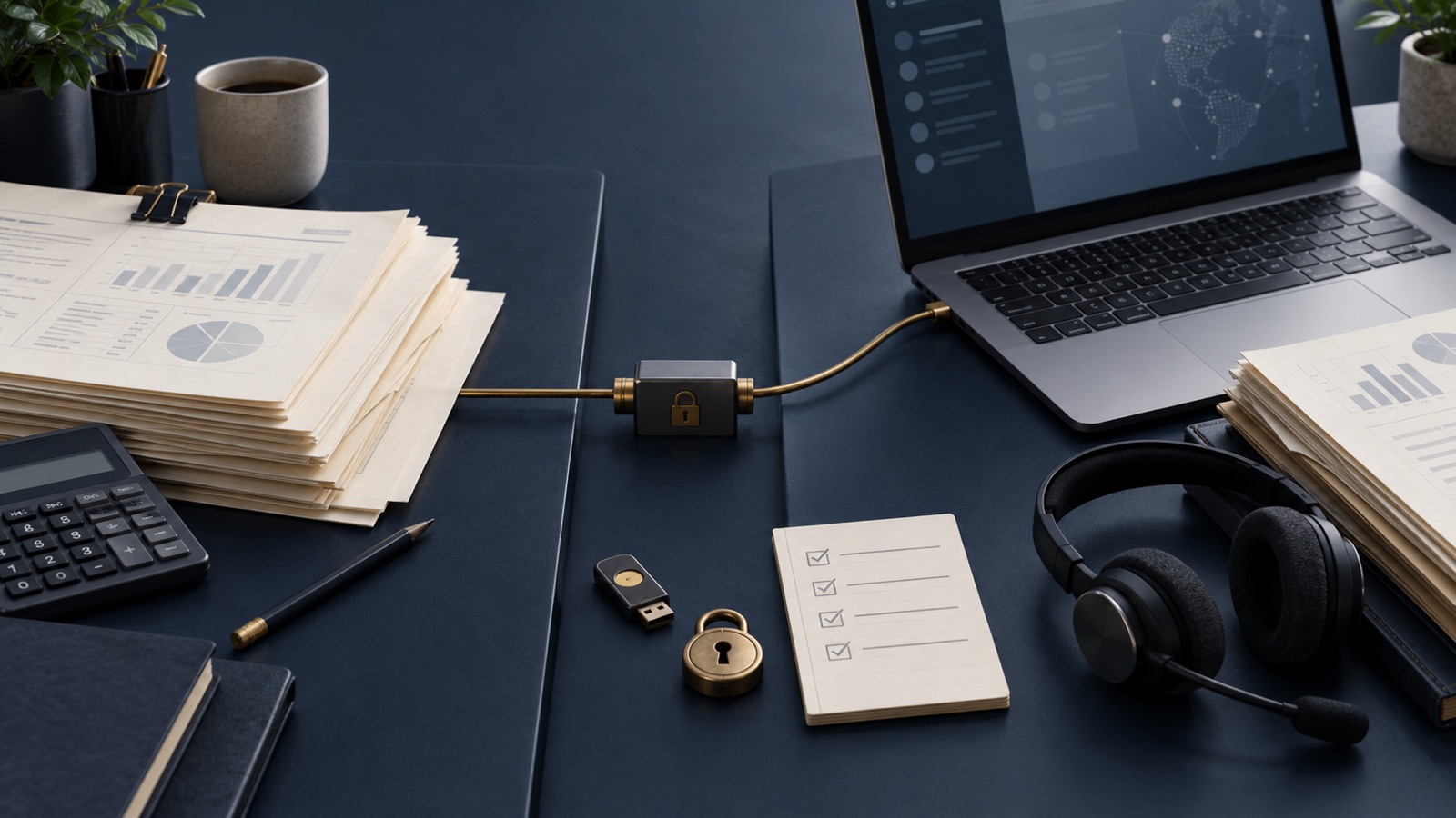 Two accounting workspaces connected through a secured gateway, with workpapers, a headset and access controls on a navy desk.