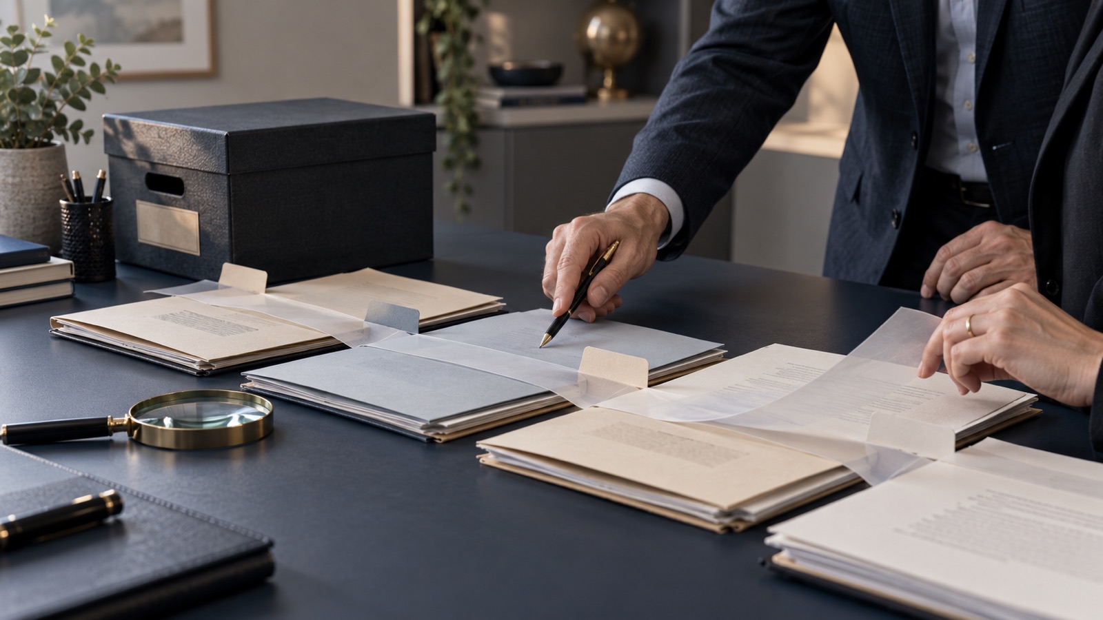 Advisers reviewing connected historical policy files and generic documents on a navy table.