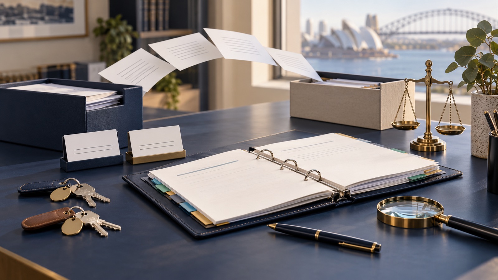 A compliance binder, blank credential cards, two sets of keys and a brass balance on a navy professional desk.