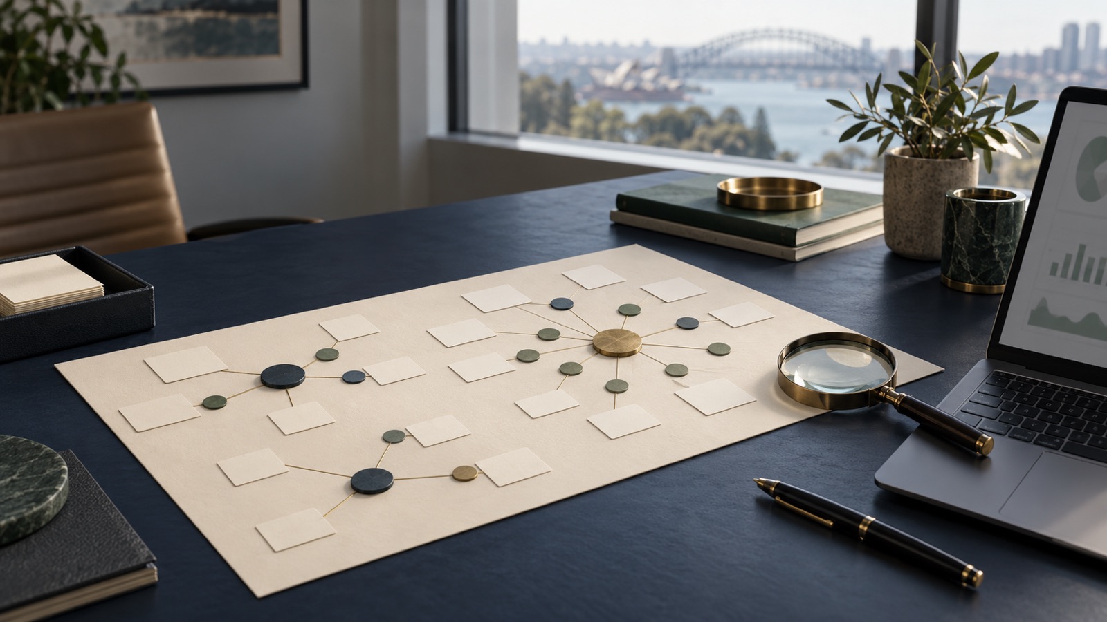 An anonymous relationship map of client and referral clusters on a navy advisory desk beside a magnifying glass and laptop.