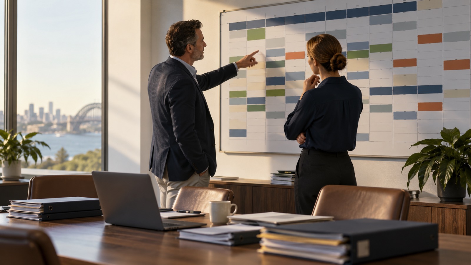 Two advisers review an annual workload planning board in a professional office.