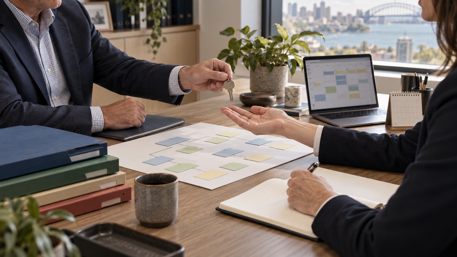An outgoing practice owner passes a key to an incoming buyer beside an organised client relationship map and transition calendar.