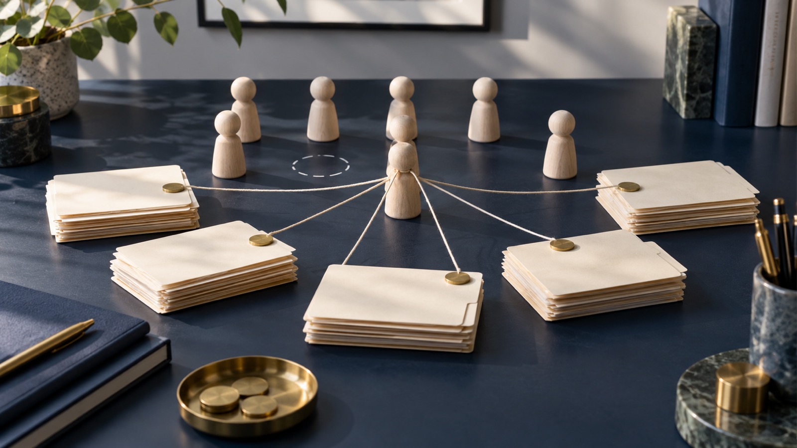 Wooden figures, cream client folders and brass tokens arranged on a navy desk, with one central figure connected to several workloads and an empty place in the team.