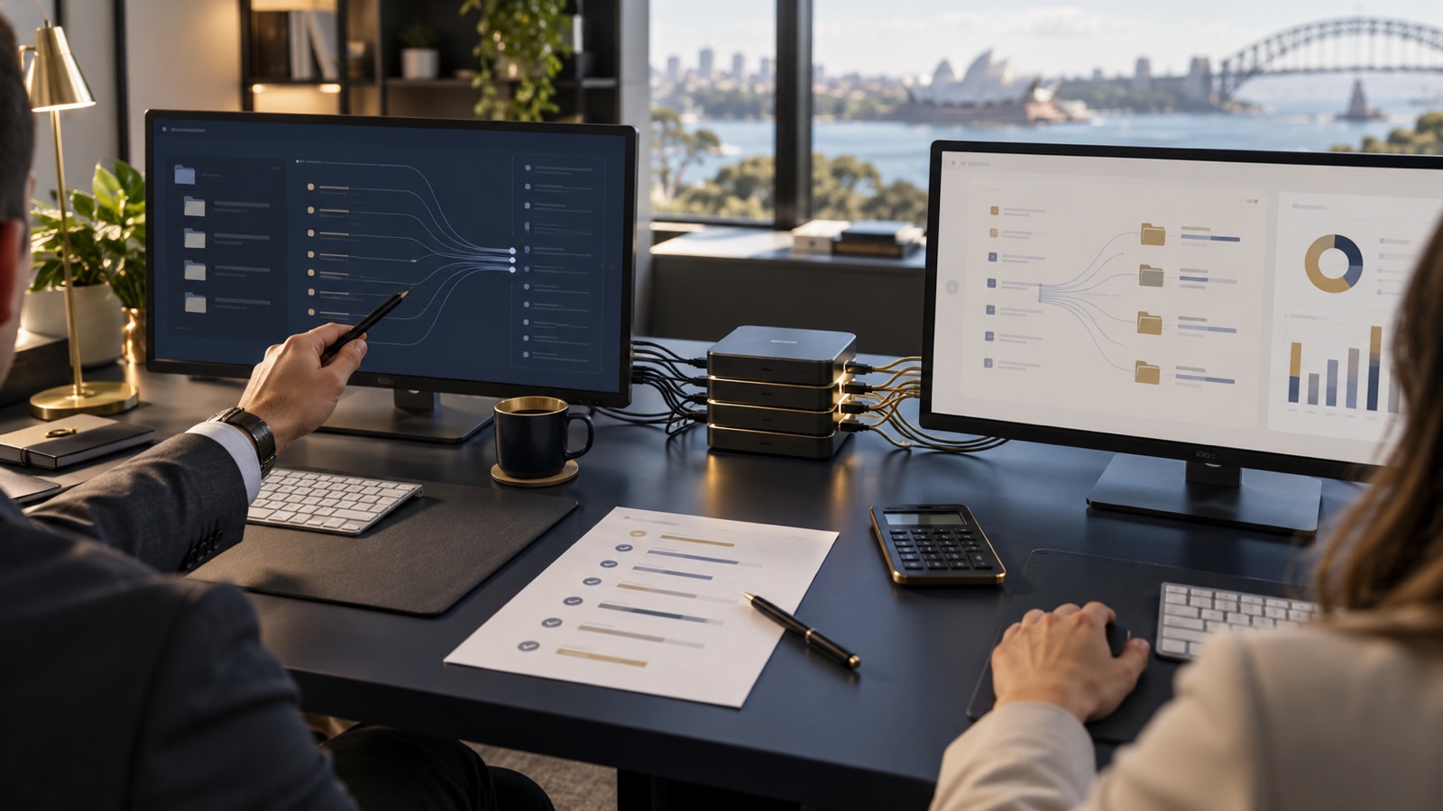 Two advisers reviewing a controlled migration between accounting workstations in a Sydney office.