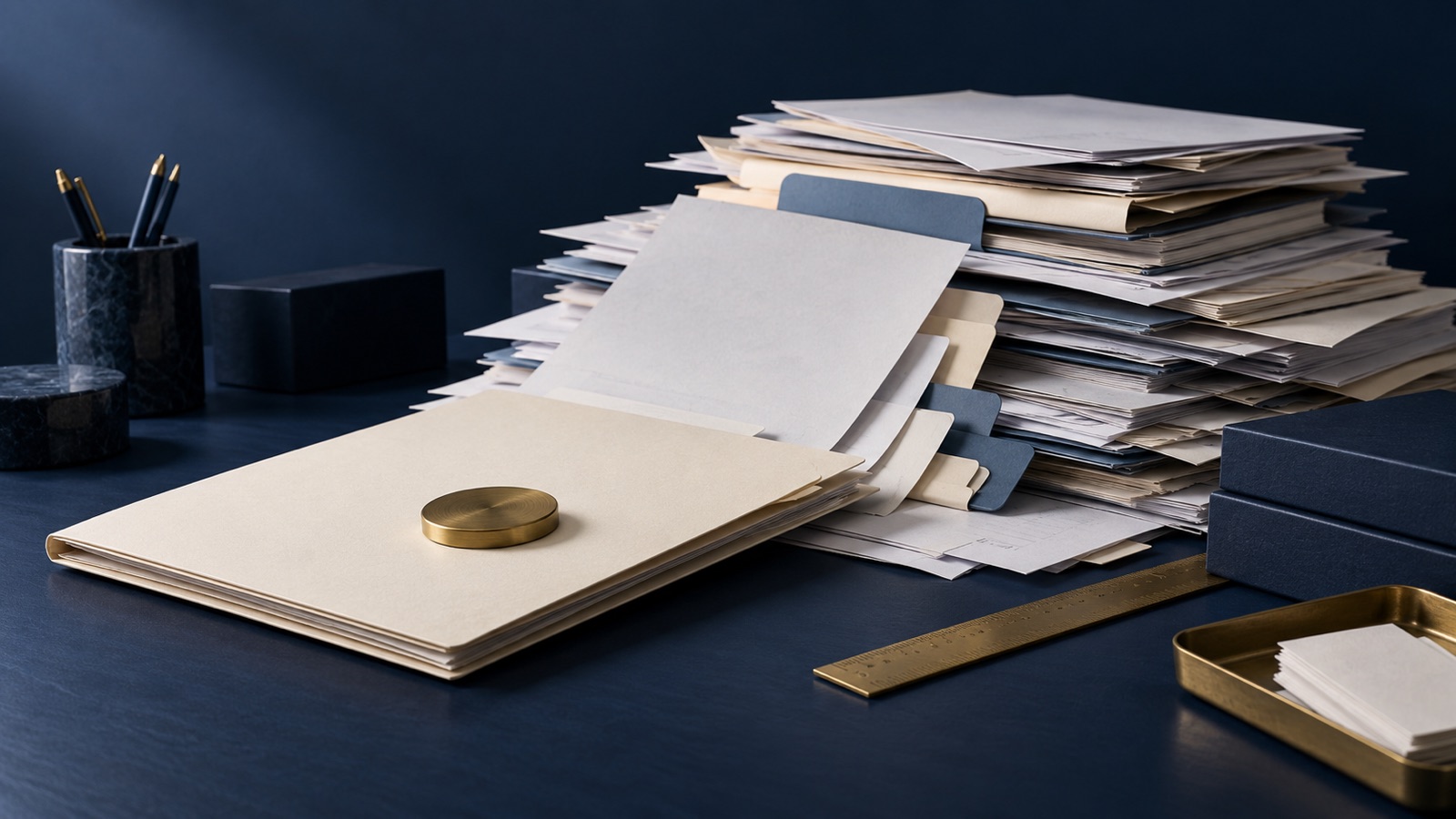 A small brass fee token rests on a neat cream folder in front of a much larger hidden stack of paperwork on a navy desk.