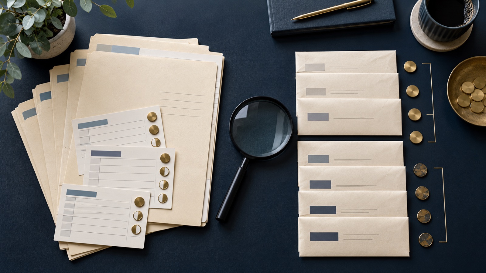 An overhead view of cream job folders, ageing rows of invoice envelopes, brass markers and a magnifying glass on a navy desk.