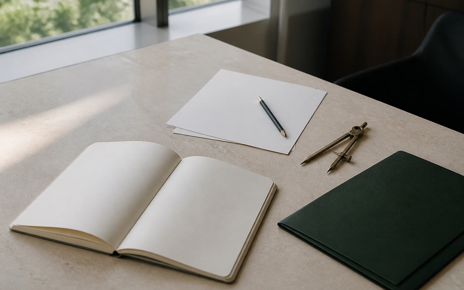An open notebook, blank papers, a brass compass and a dark green folder on an executive desk.