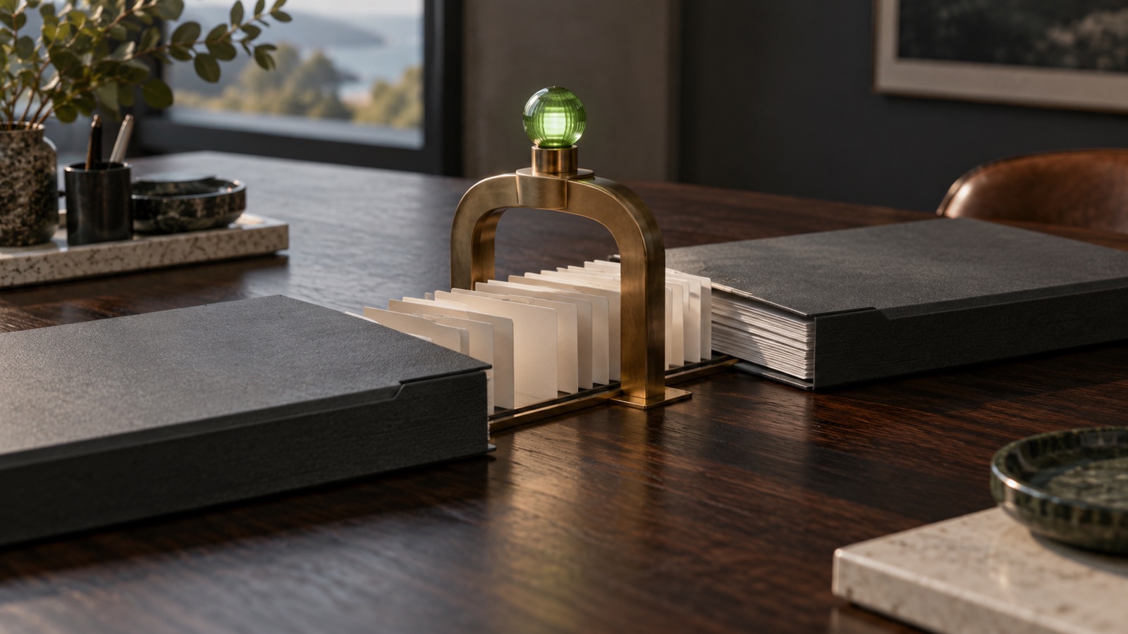 Two anonymous contract folders meeting at a brass approval checkpoint on a dark timber desk.