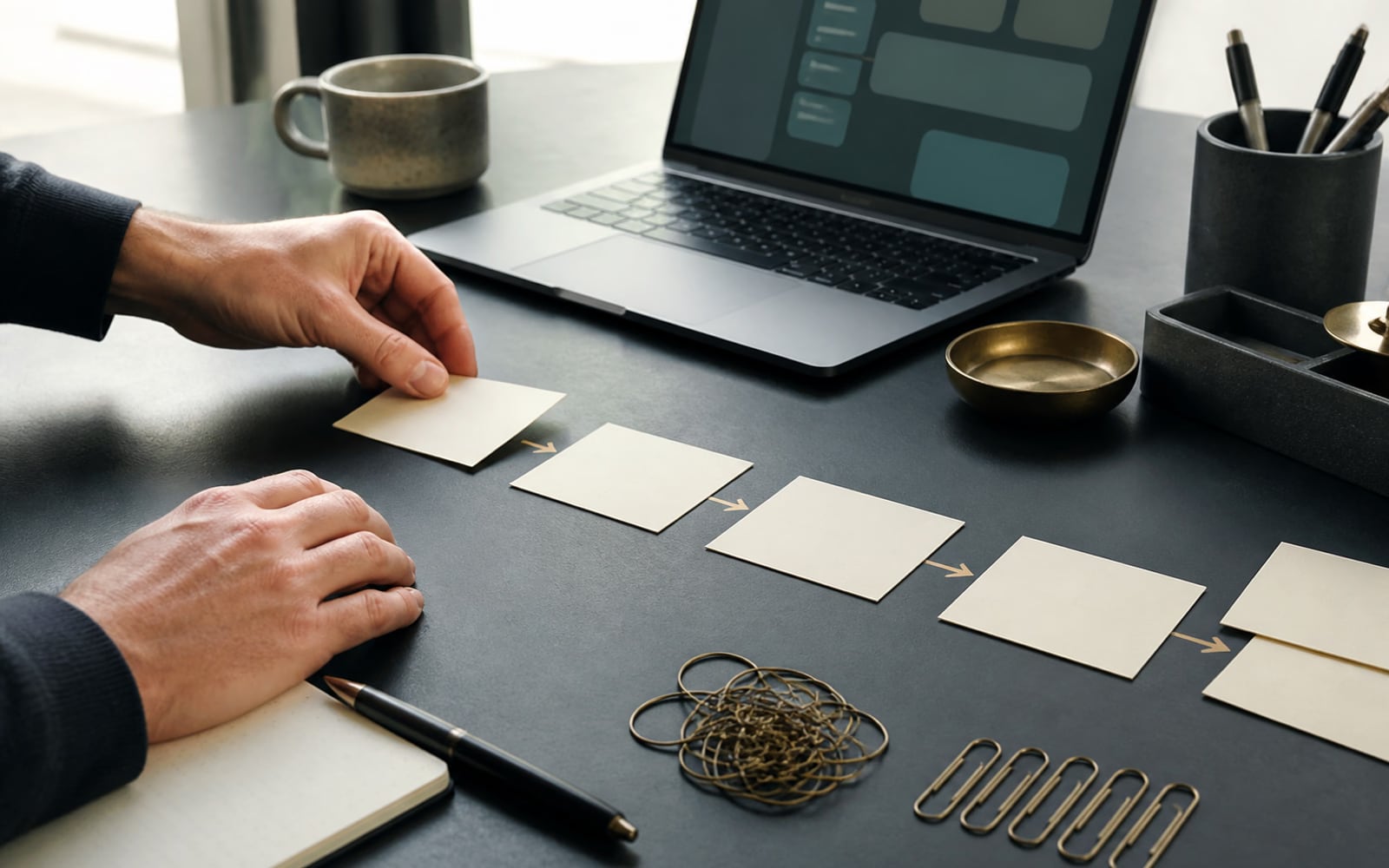 An operator arranging blank workflow cards beside a laptop, with tangled and organised paper clips.