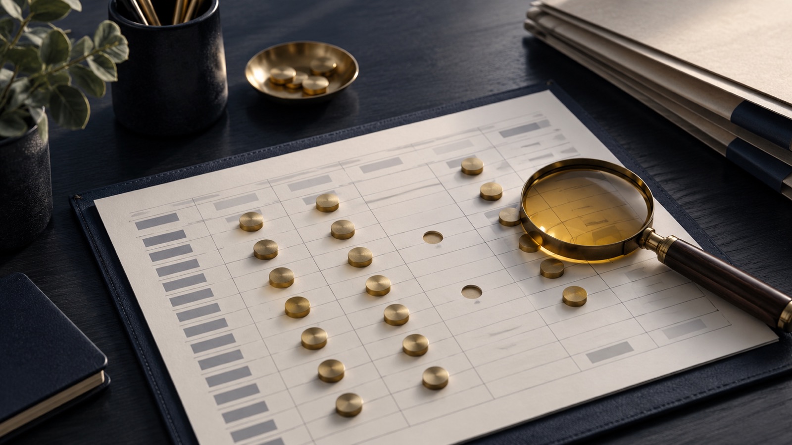An anonymous loan ledger with brass payment markers, two missing positions and an amber magnifying glass highlighting the gaps.