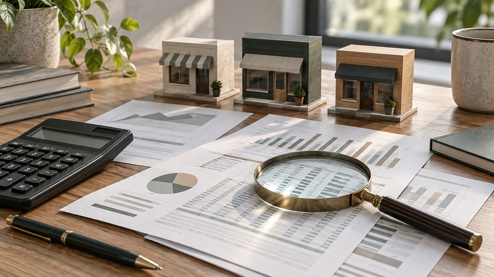 A magnifying glass, calculator and three model shopfronts arranged over anonymous financial worksheets.