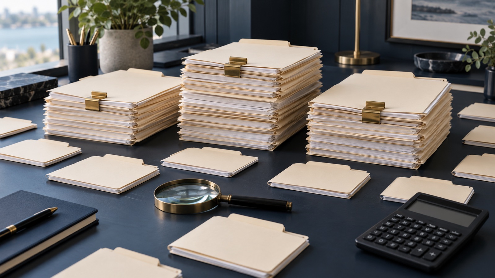 Three large grouped stacks of blank mortgage folders dominate many smaller folders on an analyst's desk.