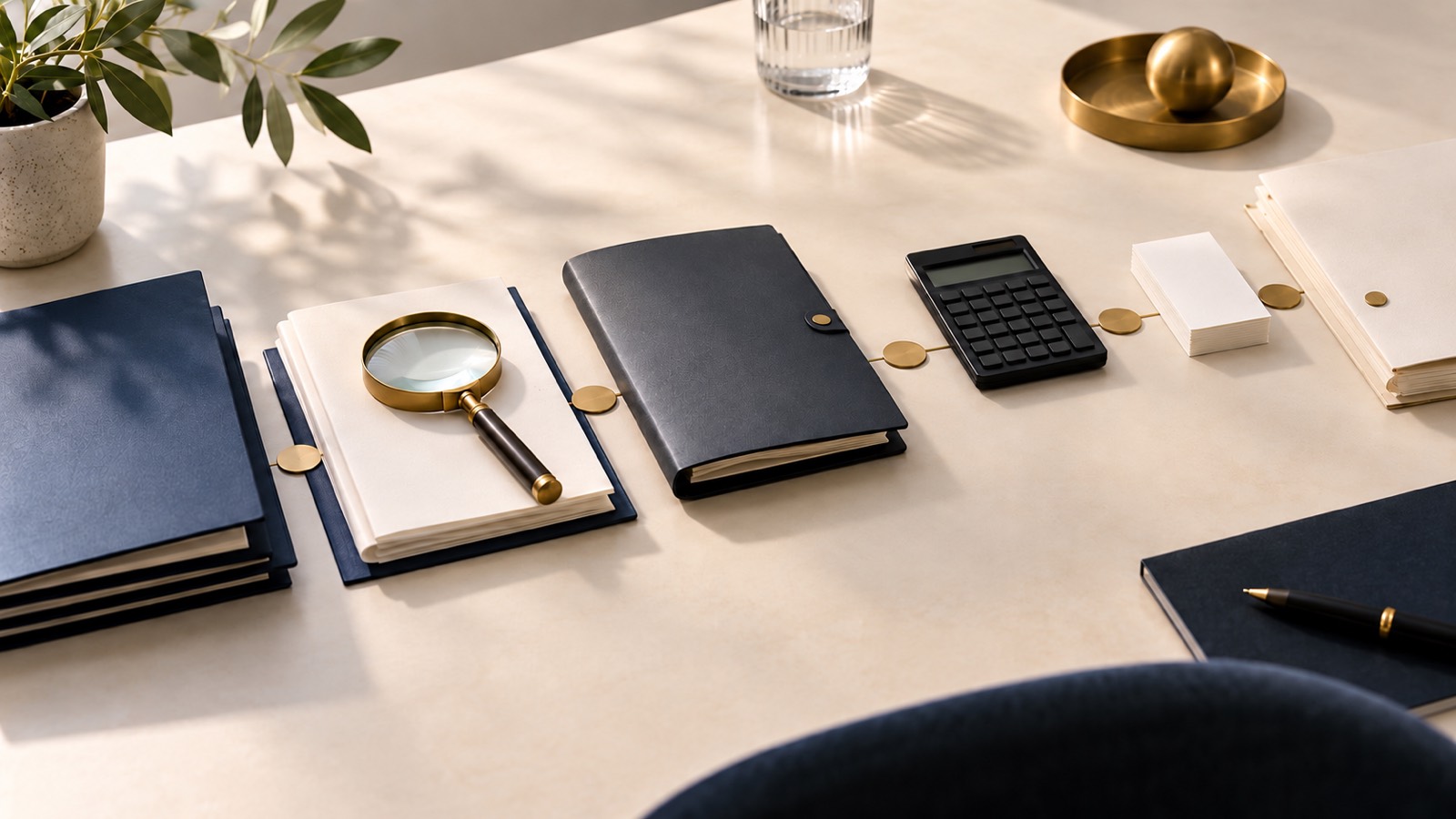 Anonymous folders, a magnifying glass and a calculator arranged as a due-diligence path across a light desk.