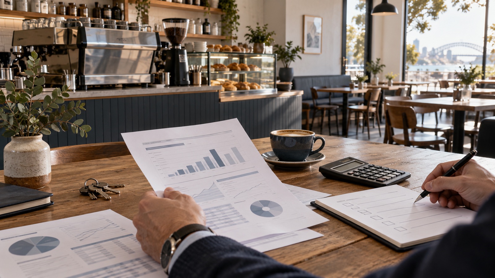 A buyer reviews café financial records and an asset checklist beside keys, a calculator and commercial coffee equipment.