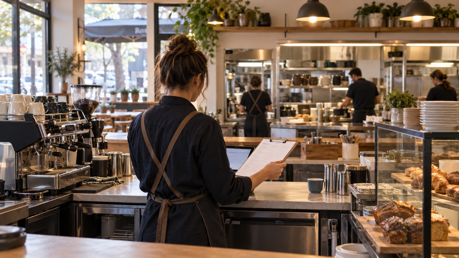 A café operator reviews an operating checklist while staff prepare a café before opening.