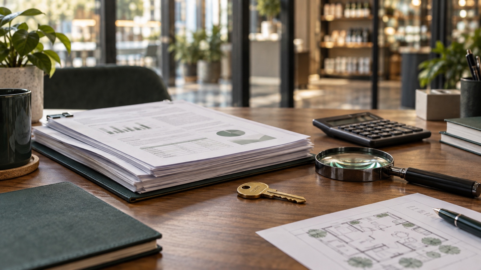 Business documents, a calculator, magnifying glass and brass key arranged for an existing-franchise review.