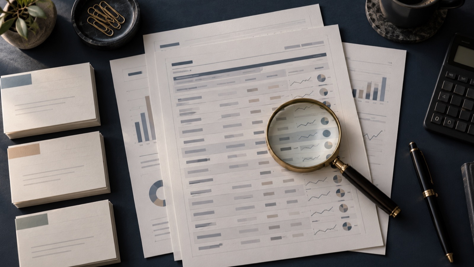 A magnifying glass over anonymised loan portfolio records beside a calculator and grouped file cards on a navy desk.