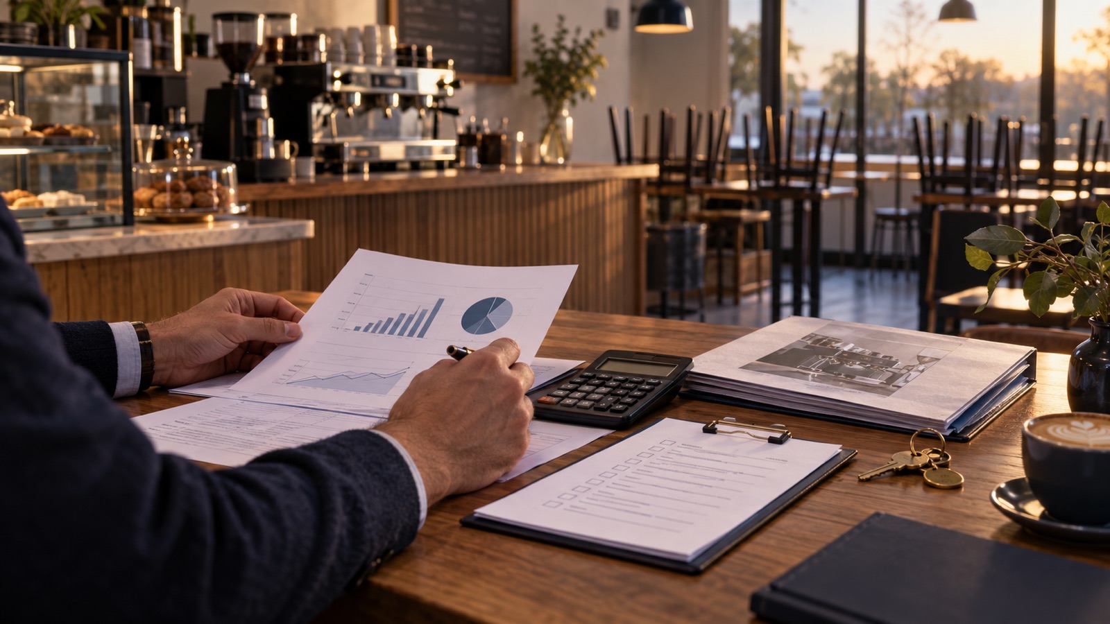 A buyer reviews financial charts, an equipment file and a calculator inside a closed café.