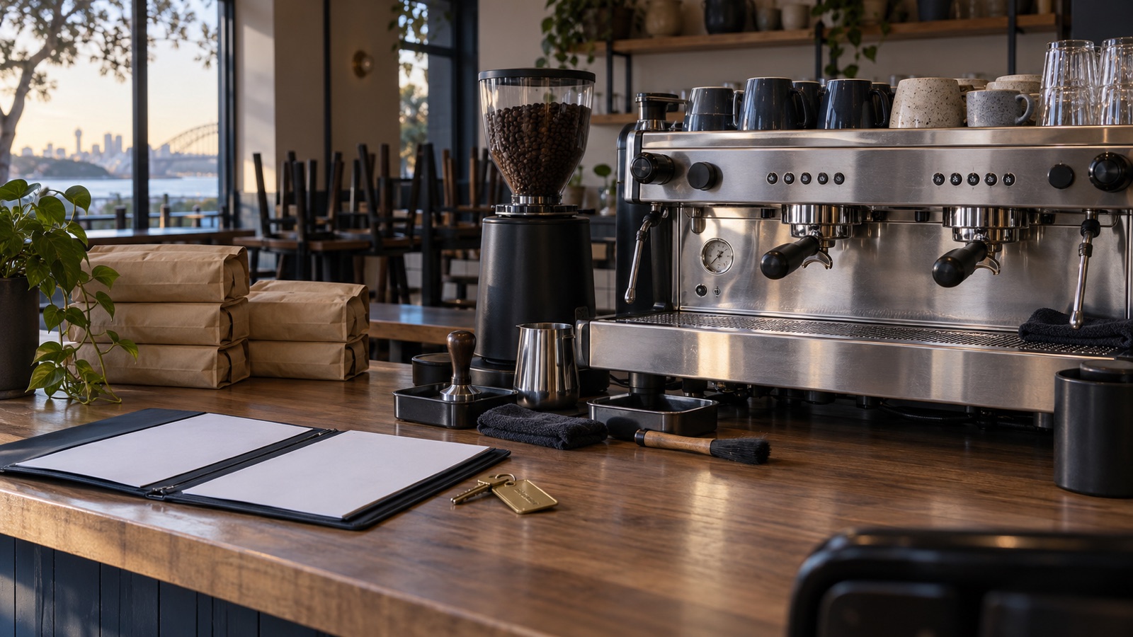 A commercial espresso machine beside blank contract folders, keys and unbranded coffee bags in a closed café.