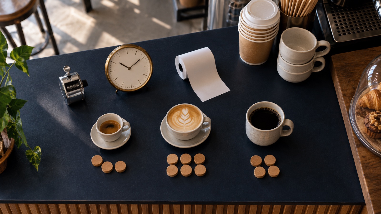A café counter arranged with a tally counter, clock, blank receipt roll, coffee cups and grouped wooden tokens.