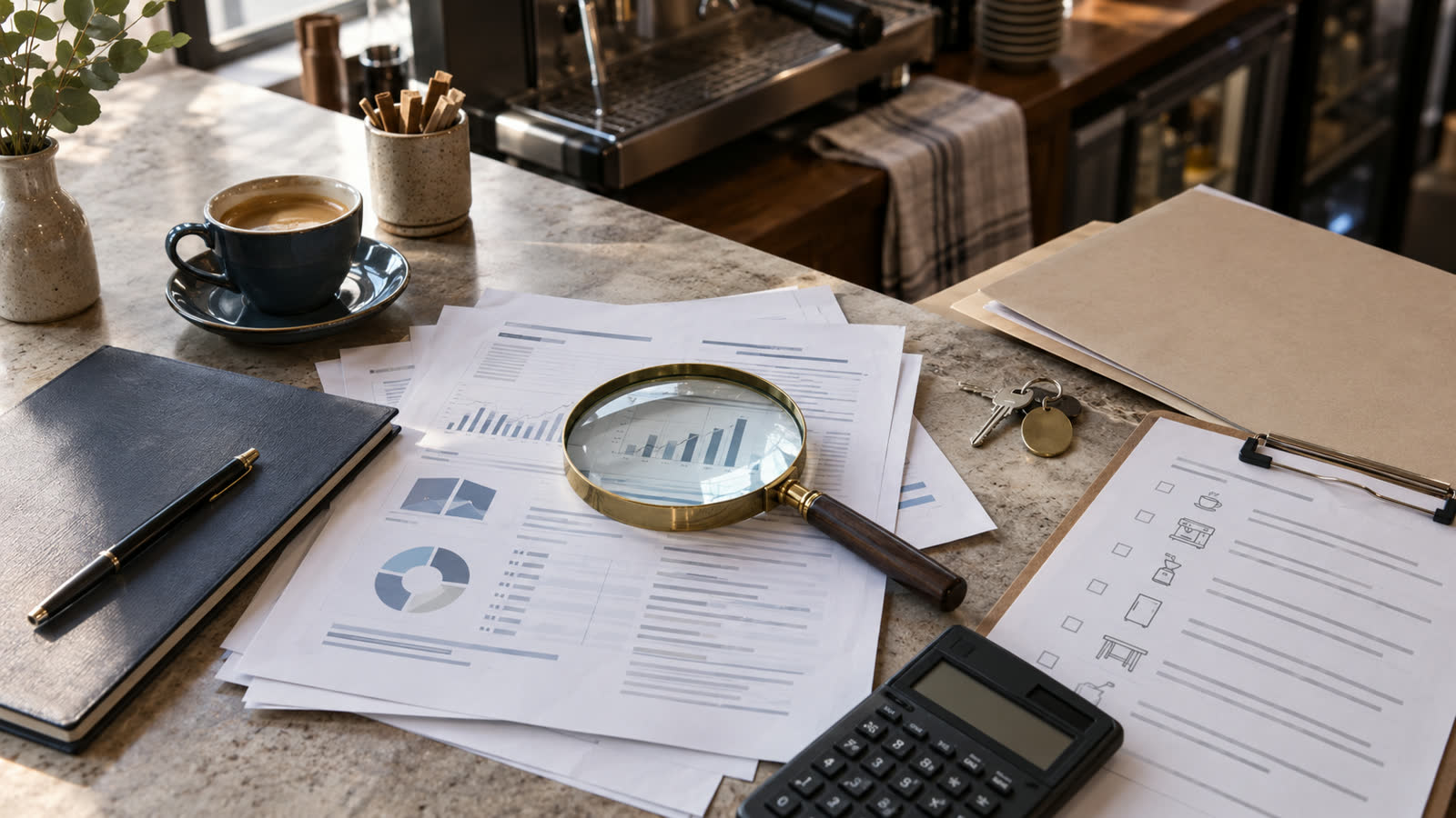 Café acquisition records, equipment checklist and keys arranged beneath a brass magnifying glass.
