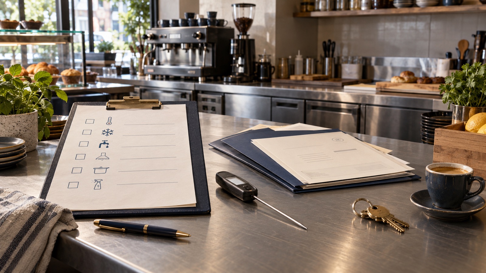 Food-safety inspection checklist, probe thermometer, approval records and café keys on a stainless-steel service bench.