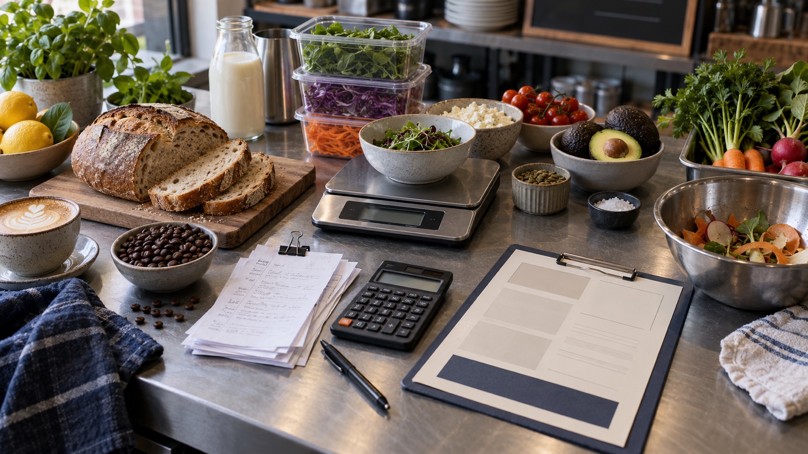 A café preparation bench with ingredients, portion scales, invoices, a calculator and a bowl of vegetable trimmings.