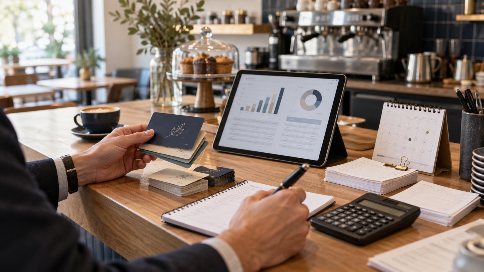 A buyer reviews generic gift cards, order records and financial data at a café counter.