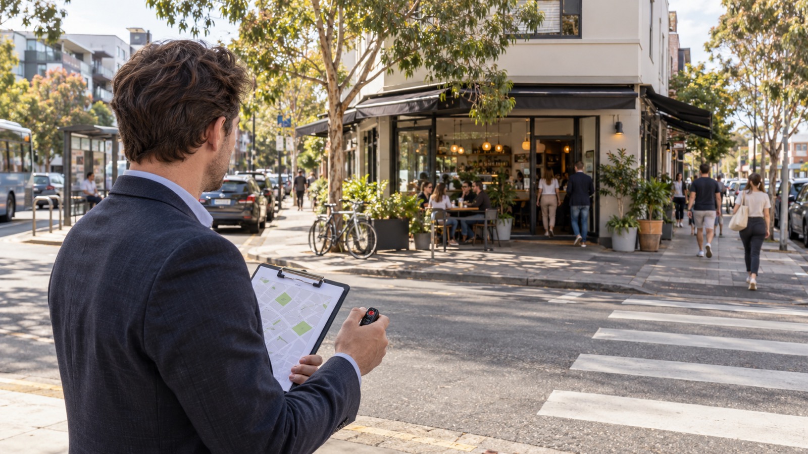 An analyst counts pedestrians while observing a corner café, crossing, bus stop and surrounding streets.