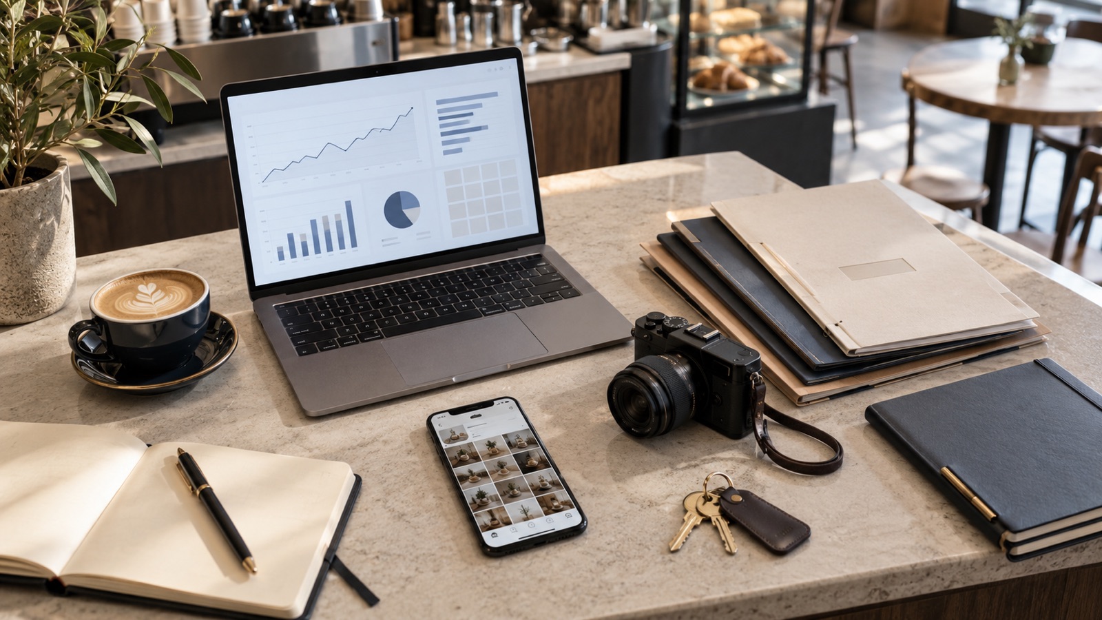 A laptop, smartphone, camera and handover folders arranged on a café counter.