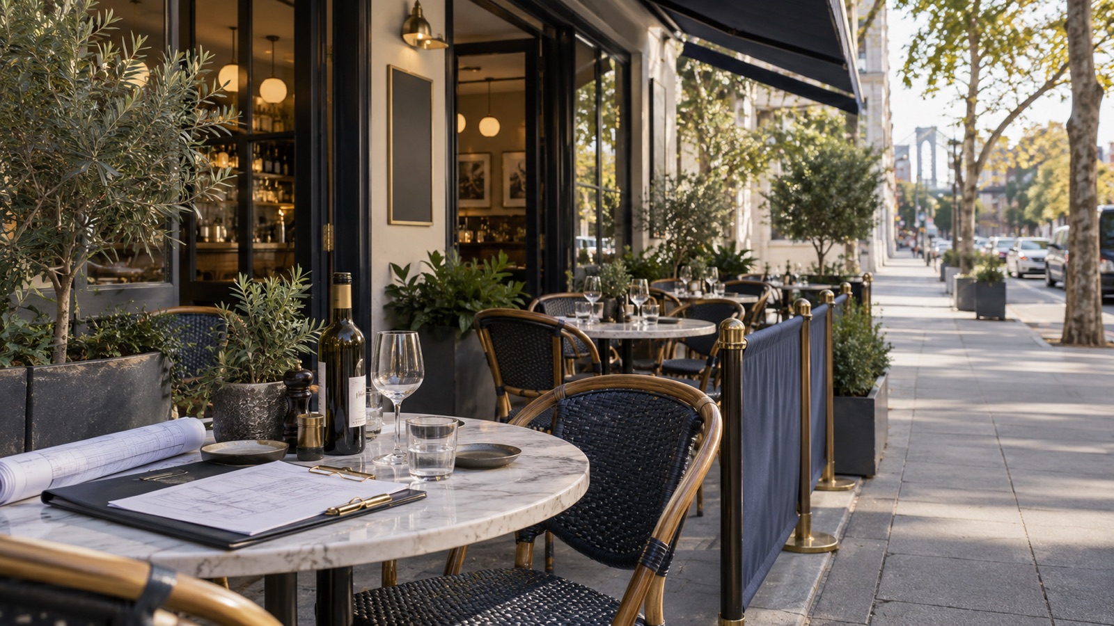 An outdoor café dining area with a site plan, tables and wine service beside a clear pedestrian path.