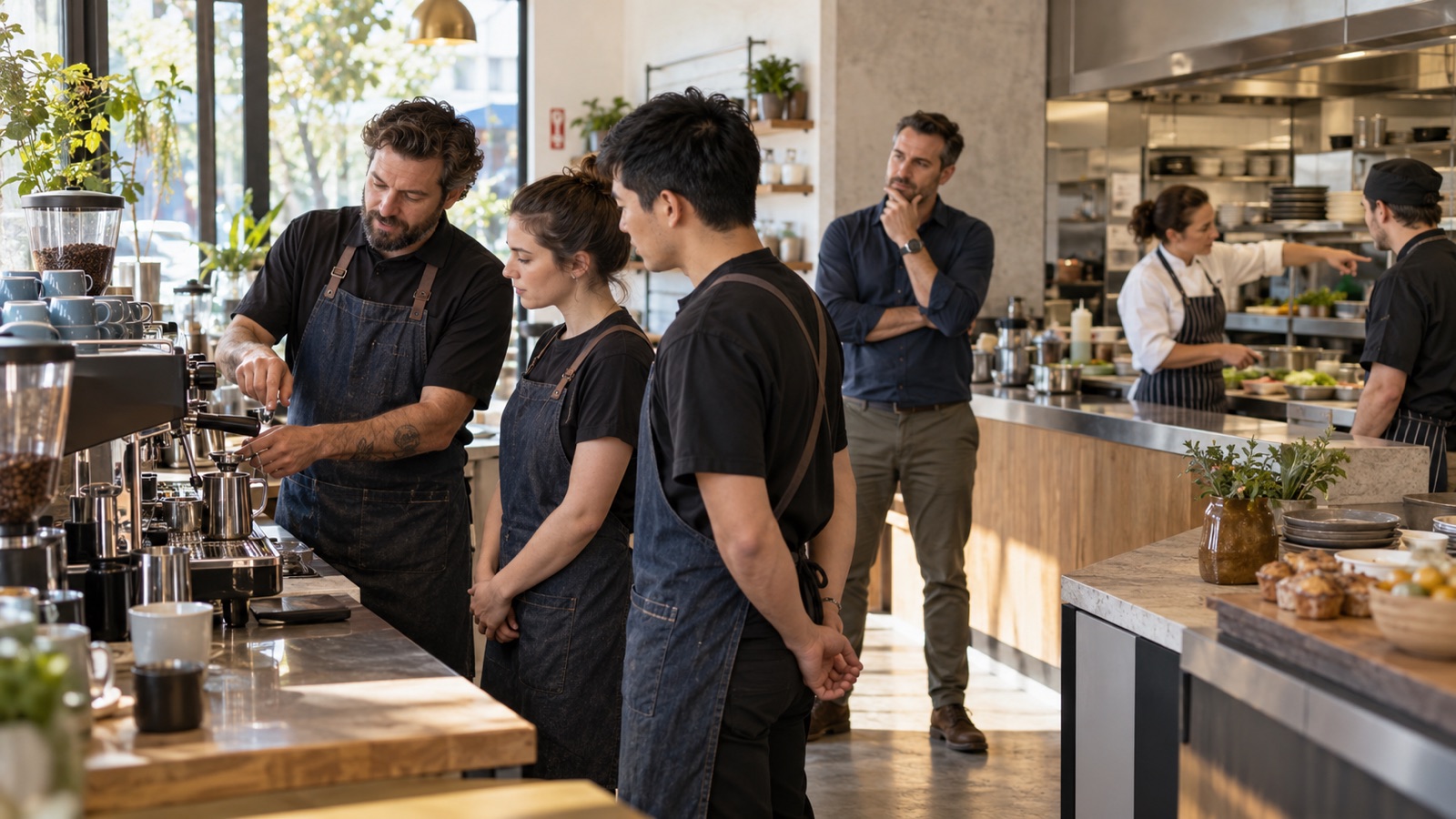 A head barista trains two team members while a café owner observes and kitchen staff review preparation work.