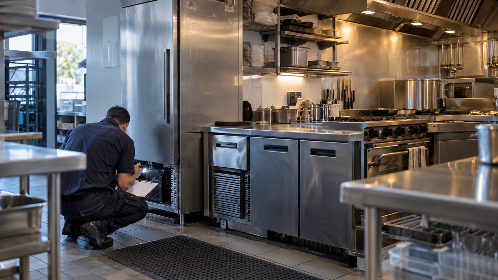 A technician inspecting refrigeration and cooking equipment in a commercial café kitchen.