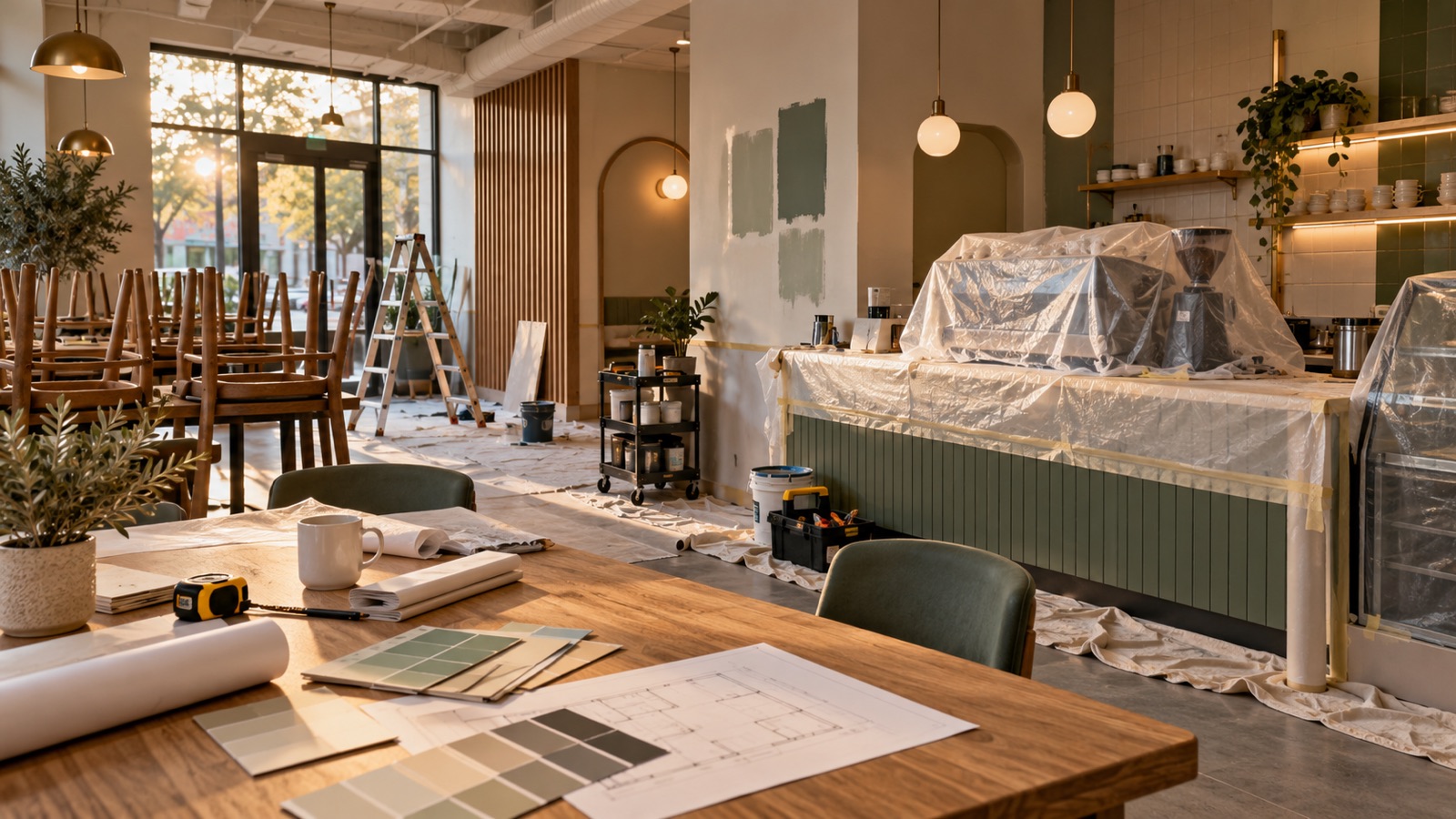 A closed café prepared for renovation, with protected equipment, stacked chairs, plans and finish samples.