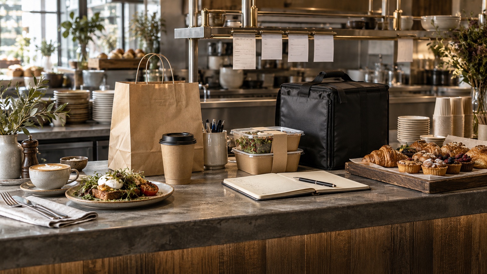 A café pass arranged with dine-in service, takeaway packaging, a delivery bag and a catering tray beside an open ledger.