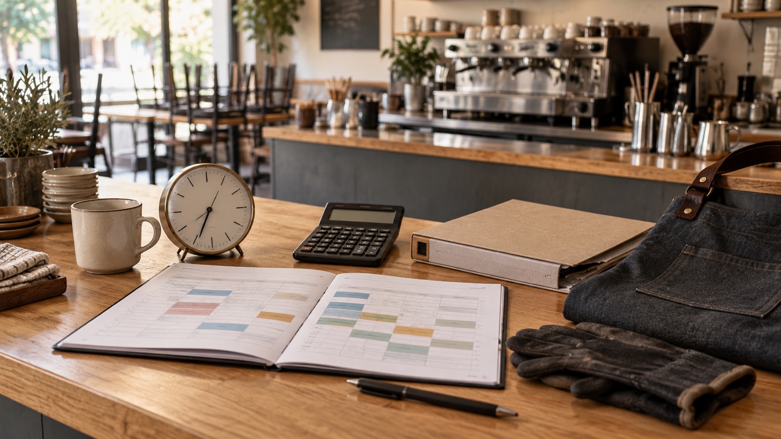 A café roster, clock, calculator, payroll folder and work apron arranged on a counter before opening.