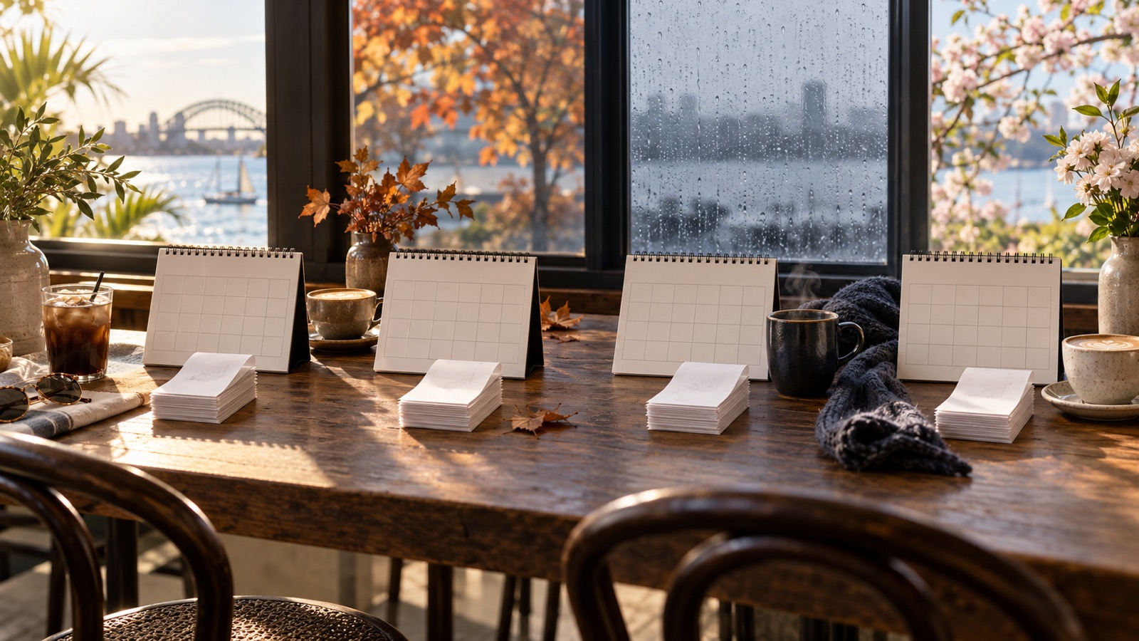 Four blank monthly calendars and café receipts arranged against changing seasonal views from a café window.