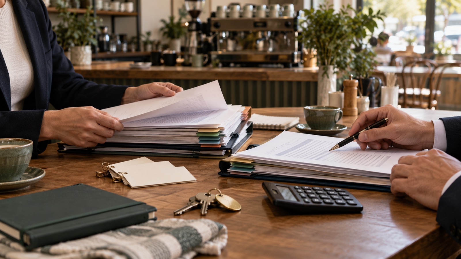 Advisers reviewing organised employee folders, blank staff cards and a calculator at a café table.