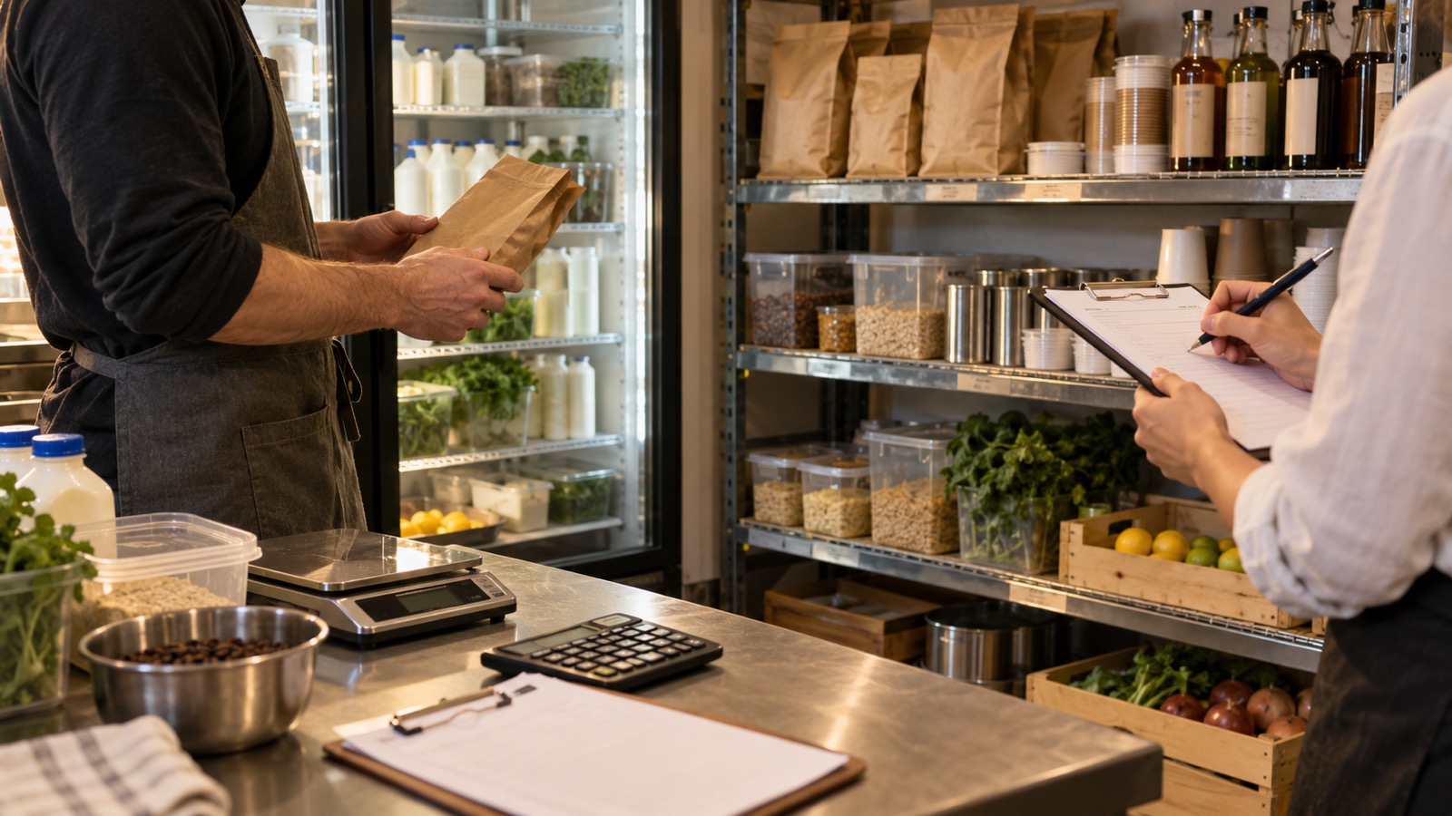 Two people jointly count café food and beverage stock using a clipboard, scale and calculator.
