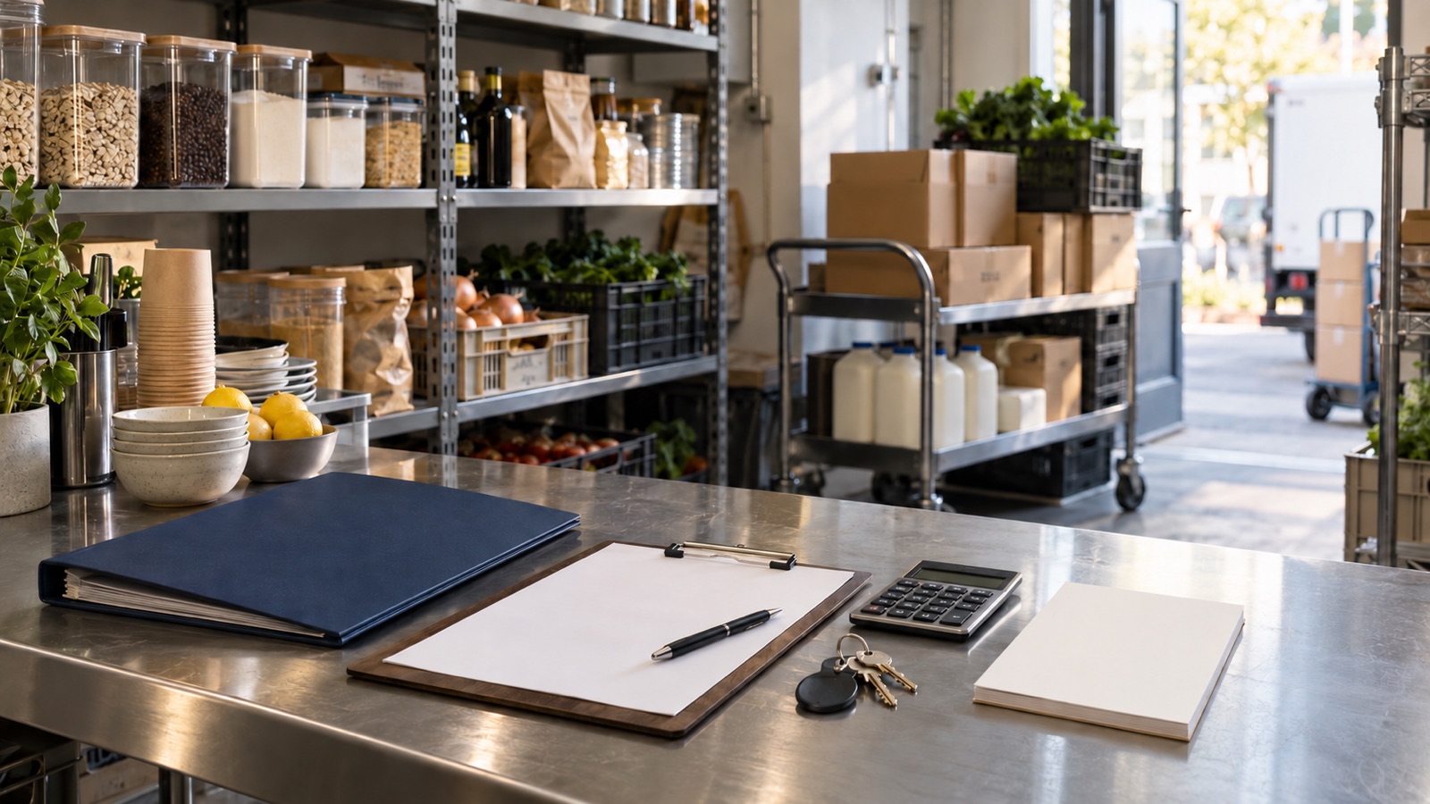 A café storeroom and receiving bench with unbranded supplies, blank documents, keys and a delivery trolley.
